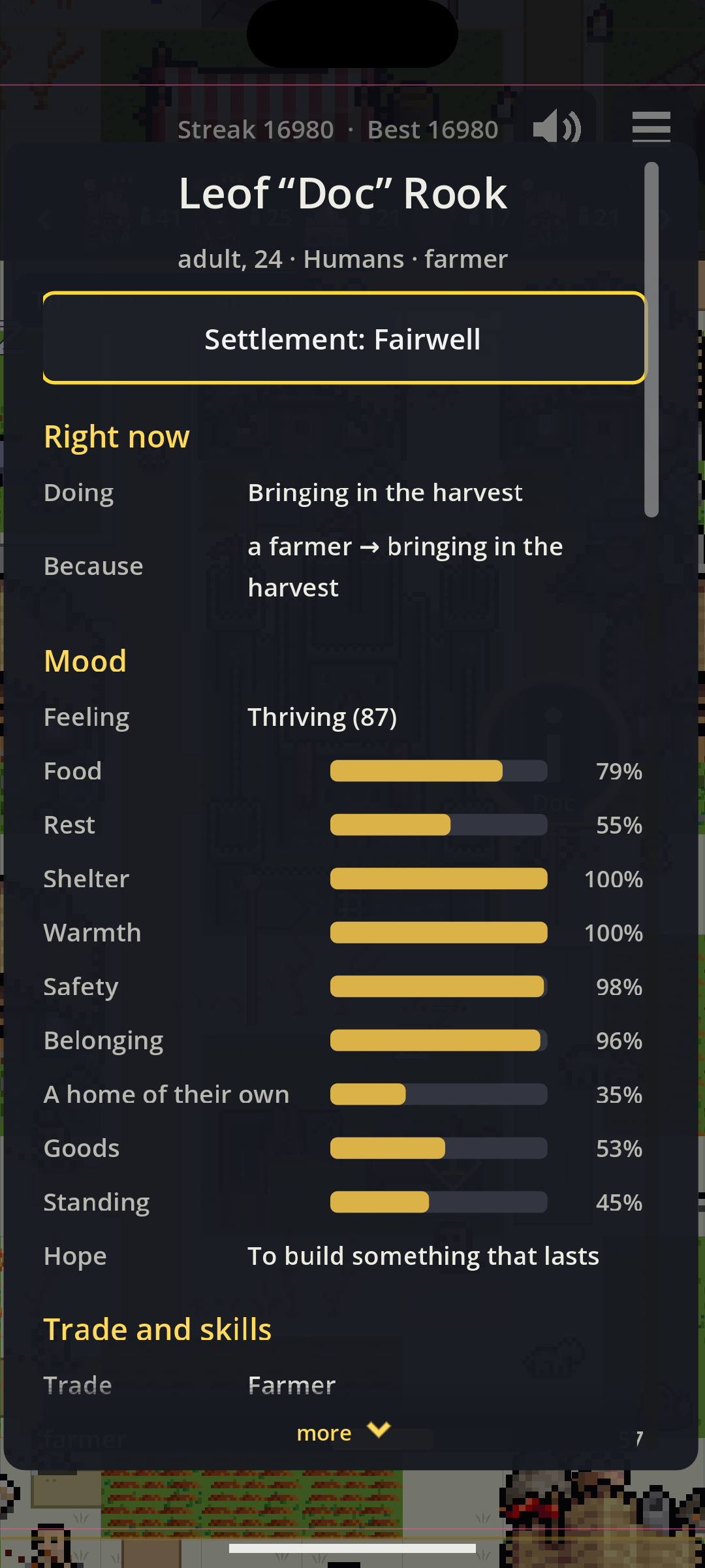 A settler’s card on a phone: Leof “Doc” Rook, adult, 24, Humans, farmer, of Fairwell. Right now: bringing in the harvest. Mood: thriving.
