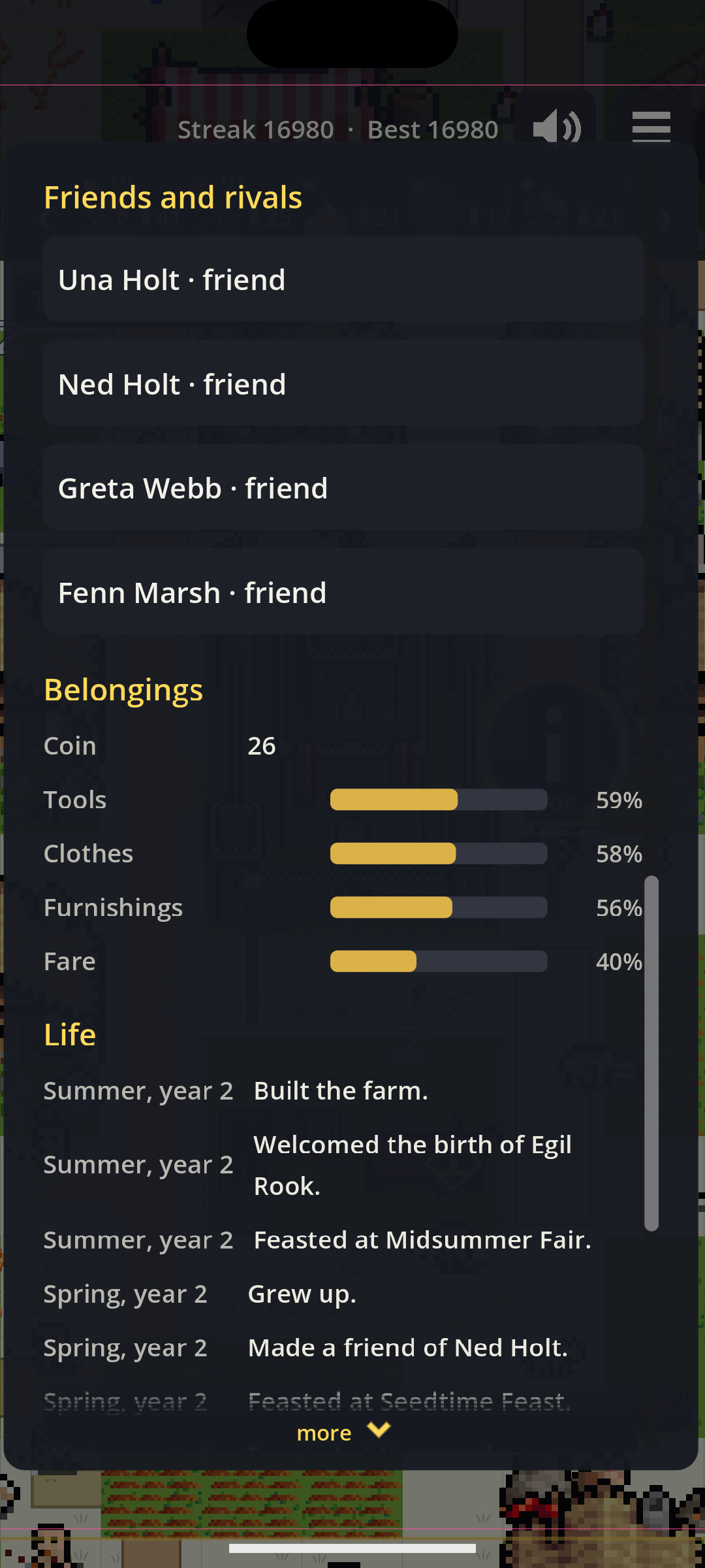 Further down his card: his friends, his belongings, and his Life, newest first: built the farm, welcomed the birth of Egil Rook, feasted at Midsummer Fair.