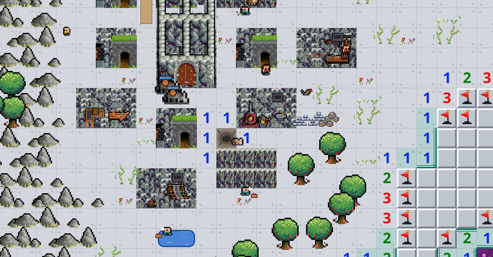 A Dwarf village in the mountains: a stone stronghold, cave-mouth houses, a smithy and a fungus farm among grey rocks, with flagged mines along a green wall on the right.