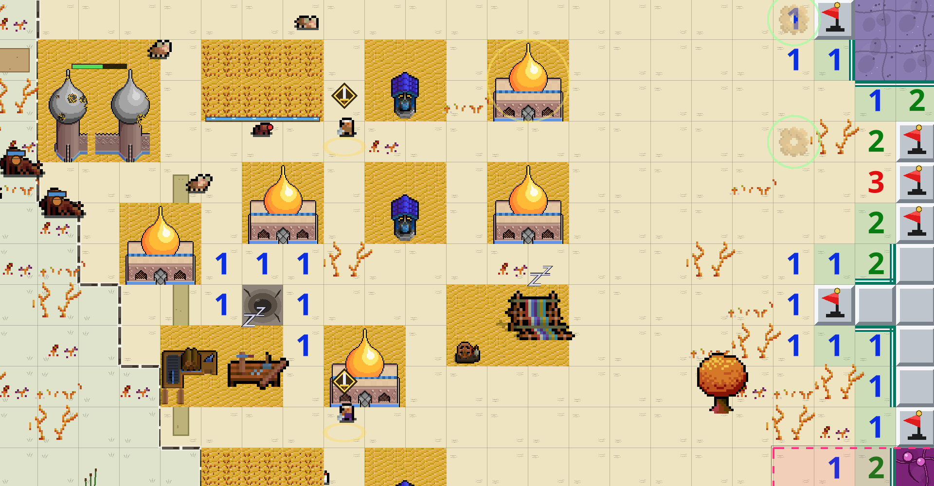 A desert village: onion-domed houses, golden farms and a weaver’s loom on the sand, with flags and numbers along the edge of the board on the right.