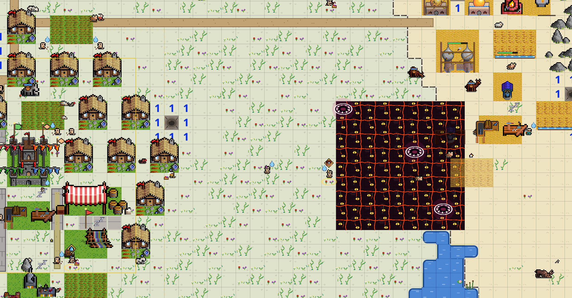 A dark block of old Creep with lairs in it, right beside a Human village of thatched houses and fields.